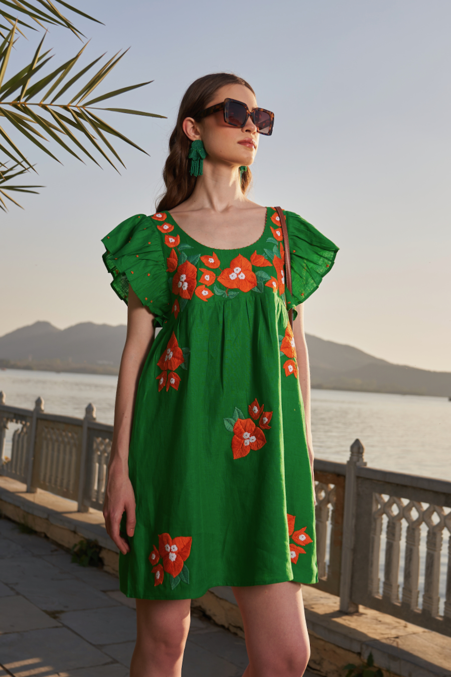 LA FLOR BOUGAINVILLEA CHUNKY HAND EMBROIDERED FOREST GREEN COLOR LINEN KNEE LENGTH DRESS WITH RUFFLE SLEEVES
