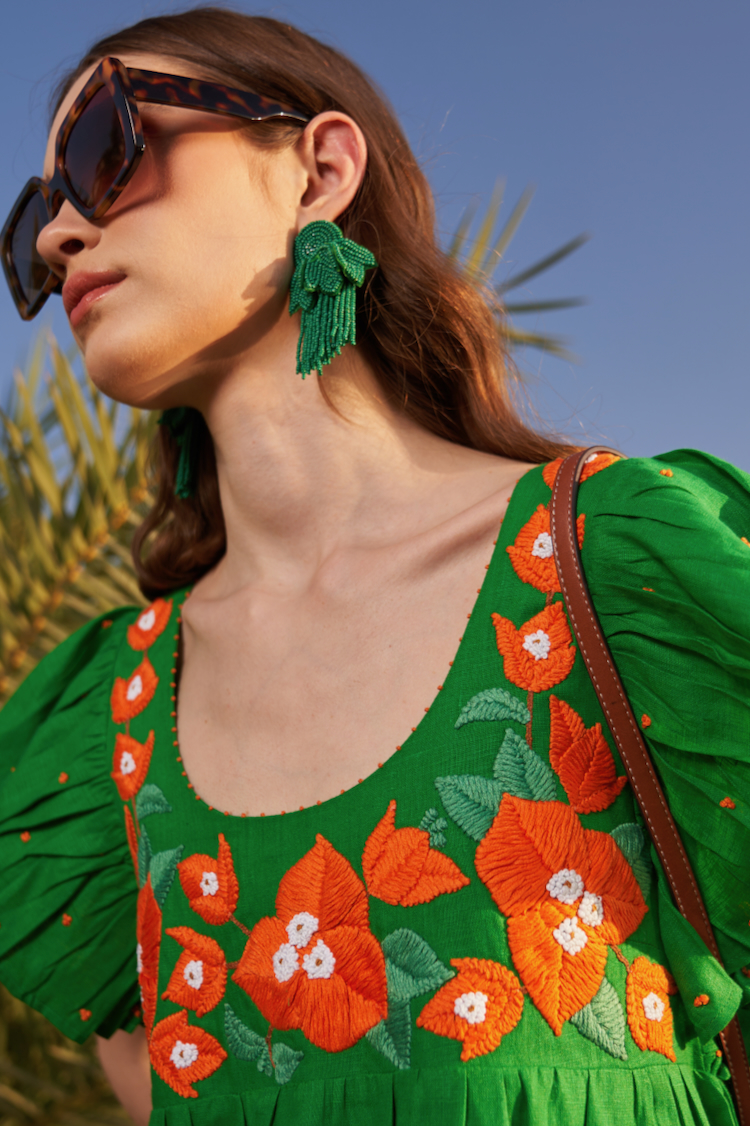 LA FLOR BOUGAINVILLEA CHUNKY HAND EMBROIDERED FOREST GREEN COLOR LINEN KNEE LENGTH DRESS WITH RUFFLE SLEEVES
