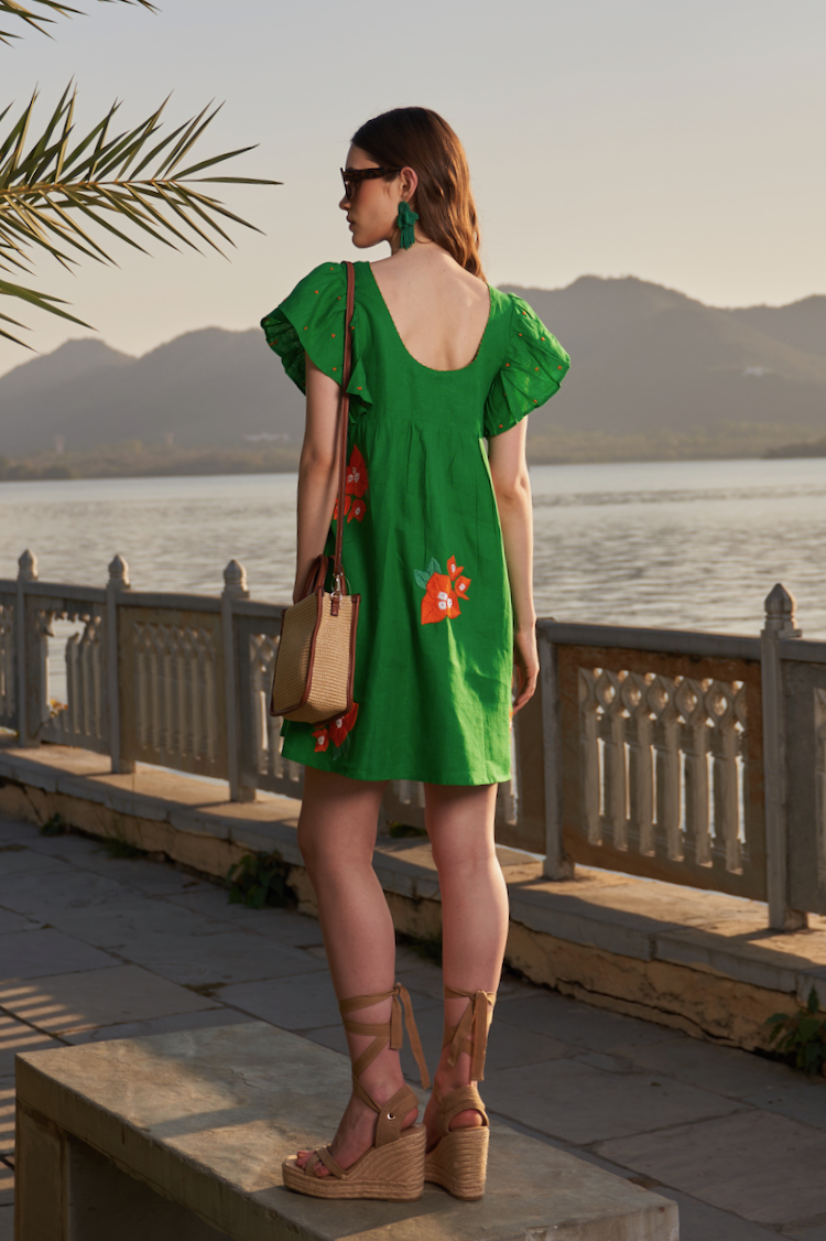 LA FLOR BOUGAINVILLEA CHUNKY HAND EMBROIDERED FOREST GREEN COLOR LINEN KNEE LENGTH DRESS WITH RUFFLE SLEEVES