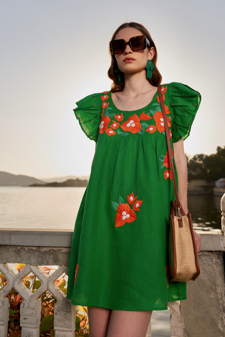 LA FLOR BOUGAINVILLEA CHUNKY HAND EMBROIDERED FOREST GREEN COLOR LINEN KNEE LENGTH DRESS WITH RUFFLE SLEEVES