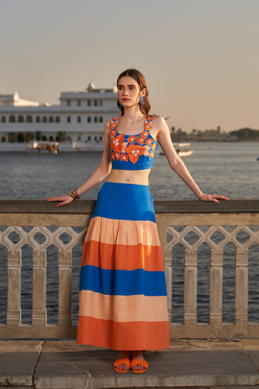 LA FLOR BLUE COLOR BLOCK LINEN SKIRT WITH BOUGAINVILLEA THREE DIMENSIONAL CHUNKY HAND EMBROIDERED BUSTIER CO-ORDINATE