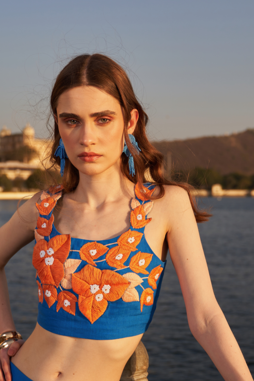 LA FLOR BLUE COLOR BLOCK LINEN SKIRT WITH BOUGAINVILLEA THREE DIMENSIONAL CHUNKY HAND EMBROIDERED BUSTIER CO-ORDINATE