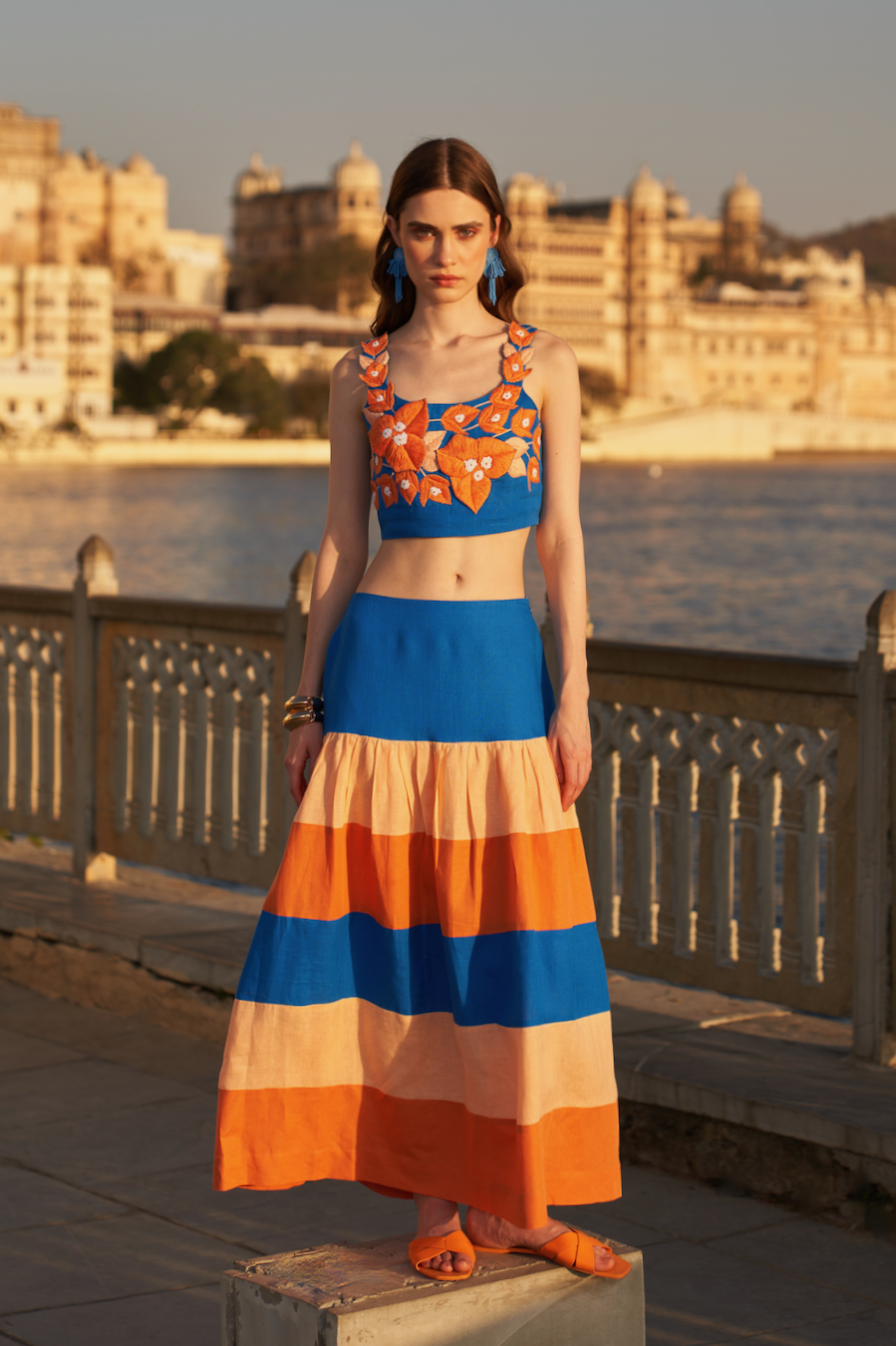 LA FLOR BLUE COLOR BLOCK LINEN SKIRT WITH BOUGAINVILLEA THREE DIMENSIONAL CHUNKY HAND EMBROIDERED BUSTIER CO-ORDINATE