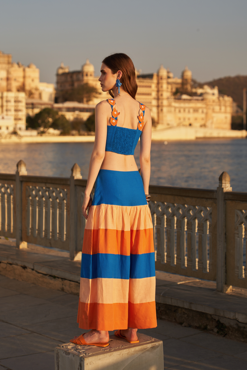 LA FLOR BLUE COLOR BLOCK LINEN SKIRT WITH BOUGAINVILLEA THREE DIMENSIONAL CHUNKY HAND EMBROIDERED BUSTIER CO-ORDINATE