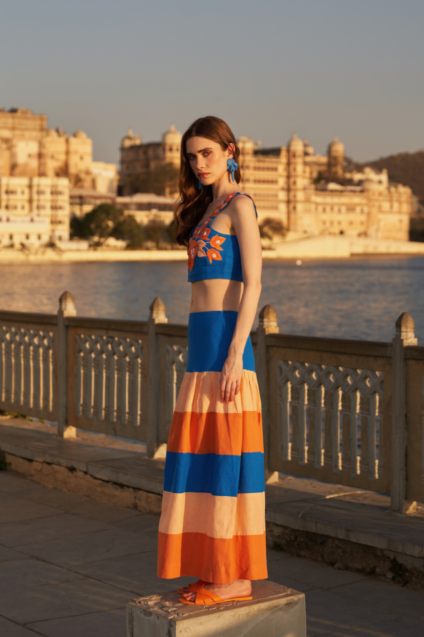 LA FLOR BLUE COLOR BLOCK LINEN SKIRT WITH BOUGAINVILLEA THREE DIMENSIONAL CHUNKY HAND EMBROIDERED BUSTIER CO-ORDINATE