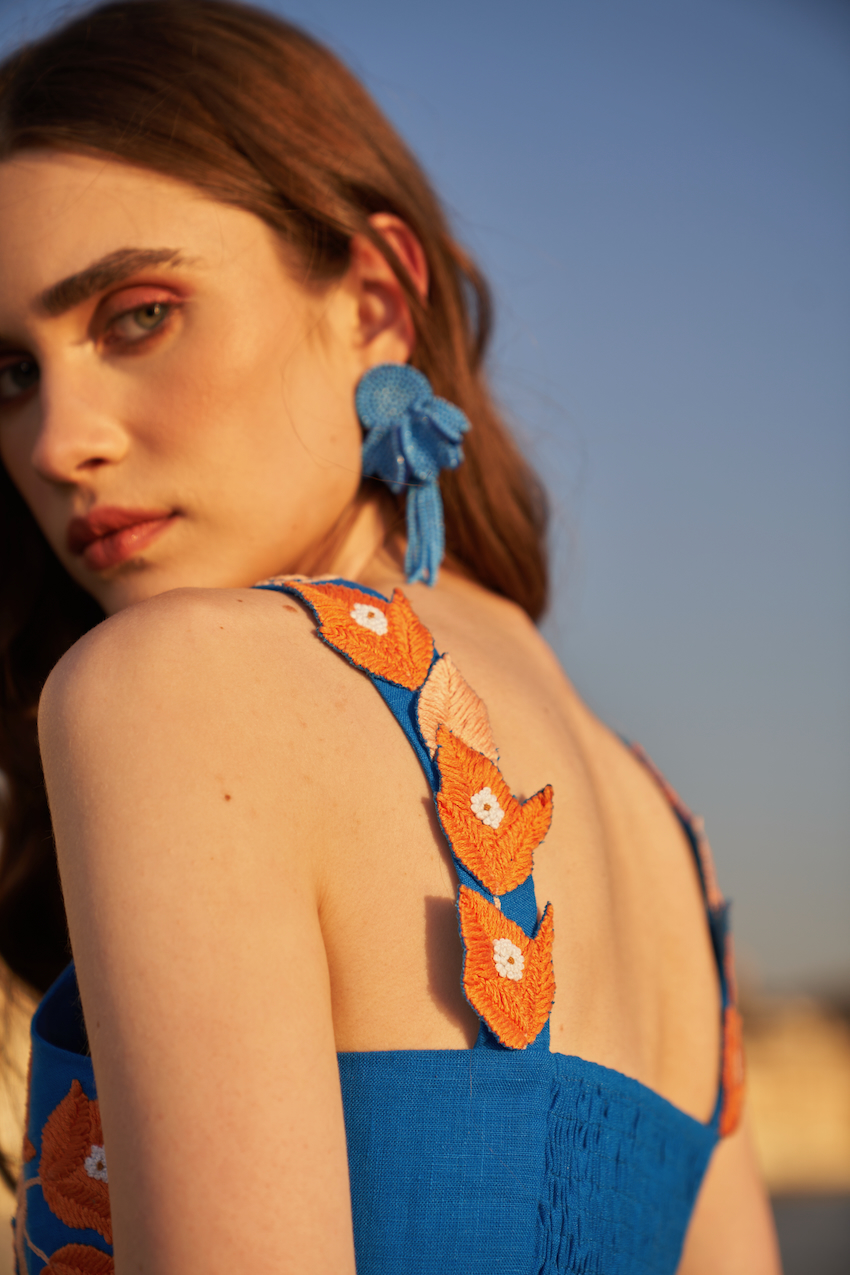 LA FLOR BLUE COLOR BLOCK LINEN SKIRT WITH BOUGAINVILLEA THREE DIMENSIONAL CHUNKY HAND EMBROIDERED BUSTIER CO-ORDINATE