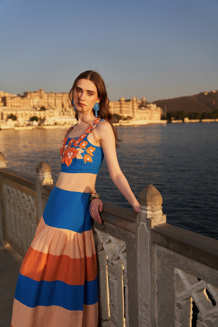 LA FLOR BLUE COLOR BLOCK LINEN SKIRT WITH BOUGAINVILLEA THREE DIMENSIONAL CHUNKY HAND EMBROIDERED BUSTIER CO-ORDINATE