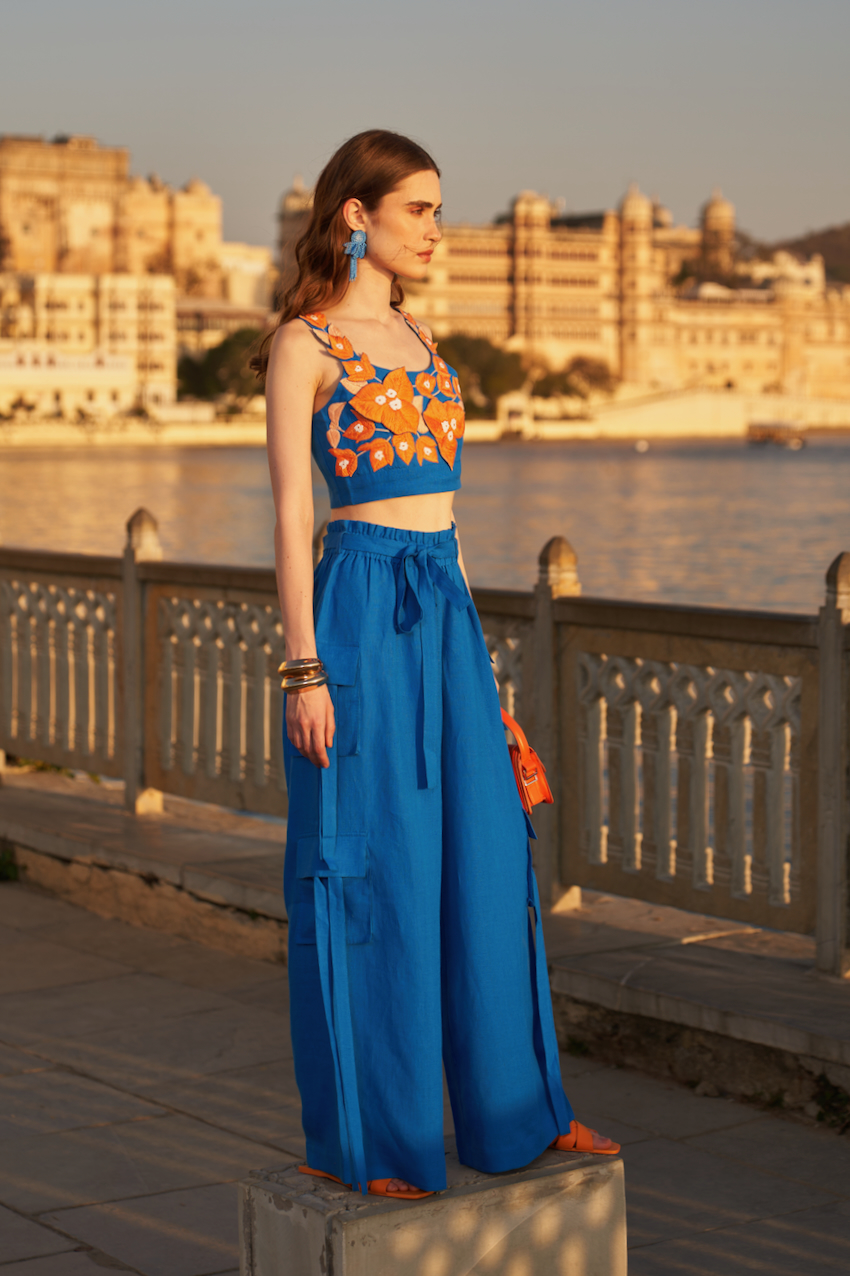 LA FLOR COBALT BLUE BOUGAINVILLEA THREE DIMENSIONAL CHUNKY HAND EMBROIDERED BUSTIER AND SOLID CARGO PANTS CO-ORDINATE