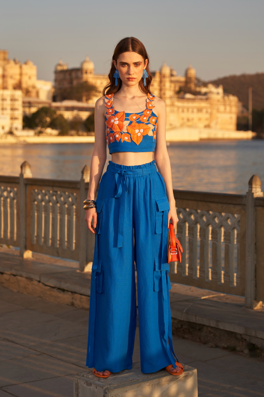 LA FLOR COBALT BLUE BOUGAINVILLEA THREE DIMENSIONAL CHUNKY HAND EMBROIDERED BUSTIER AND SOLID CARGO PANTS CO-ORDINATE