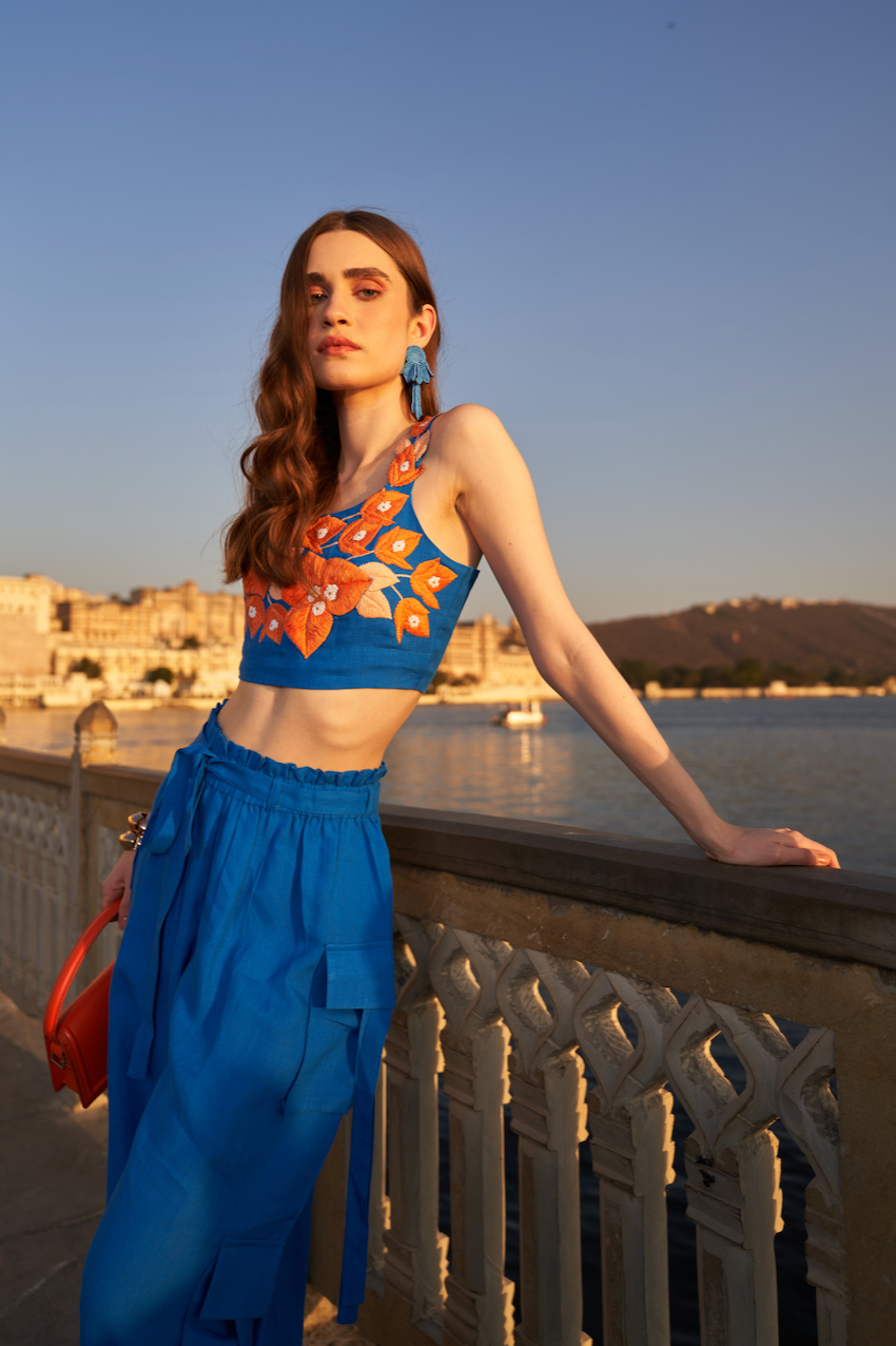 LA FLOR COBALT BLUE BOUGAINVILLEA THREE DIMENSIONAL CHUNKY HAND EMBROIDERED BUSTIER AND SOLID CARGO PANTS CO-ORDINATE