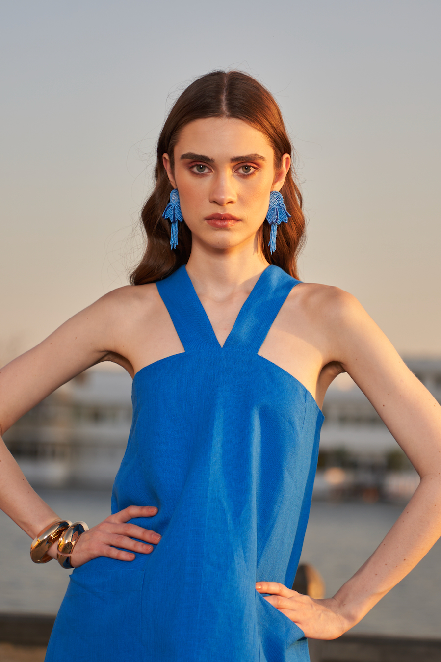 LA FLOR SOLID COBALT BLUE COLOR LINEN FABRIC HALTER NECK TUNIC AND PANTS CO-ORDINATE