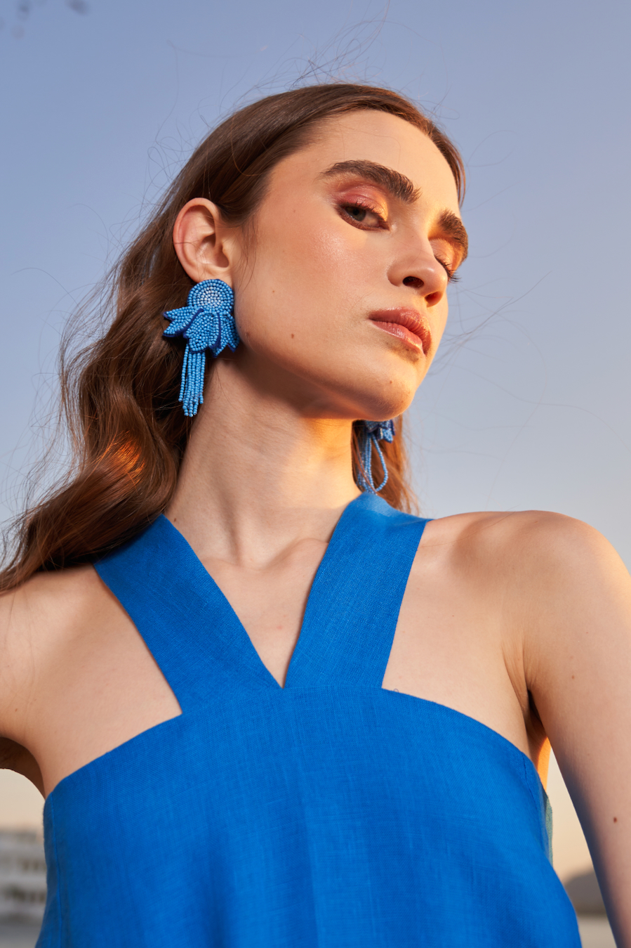 LA FLOR SOLID COBALT BLUE COLOR LINEN FABRIC HALTER NECK TUNIC AND PANTS CO-ORDINATE