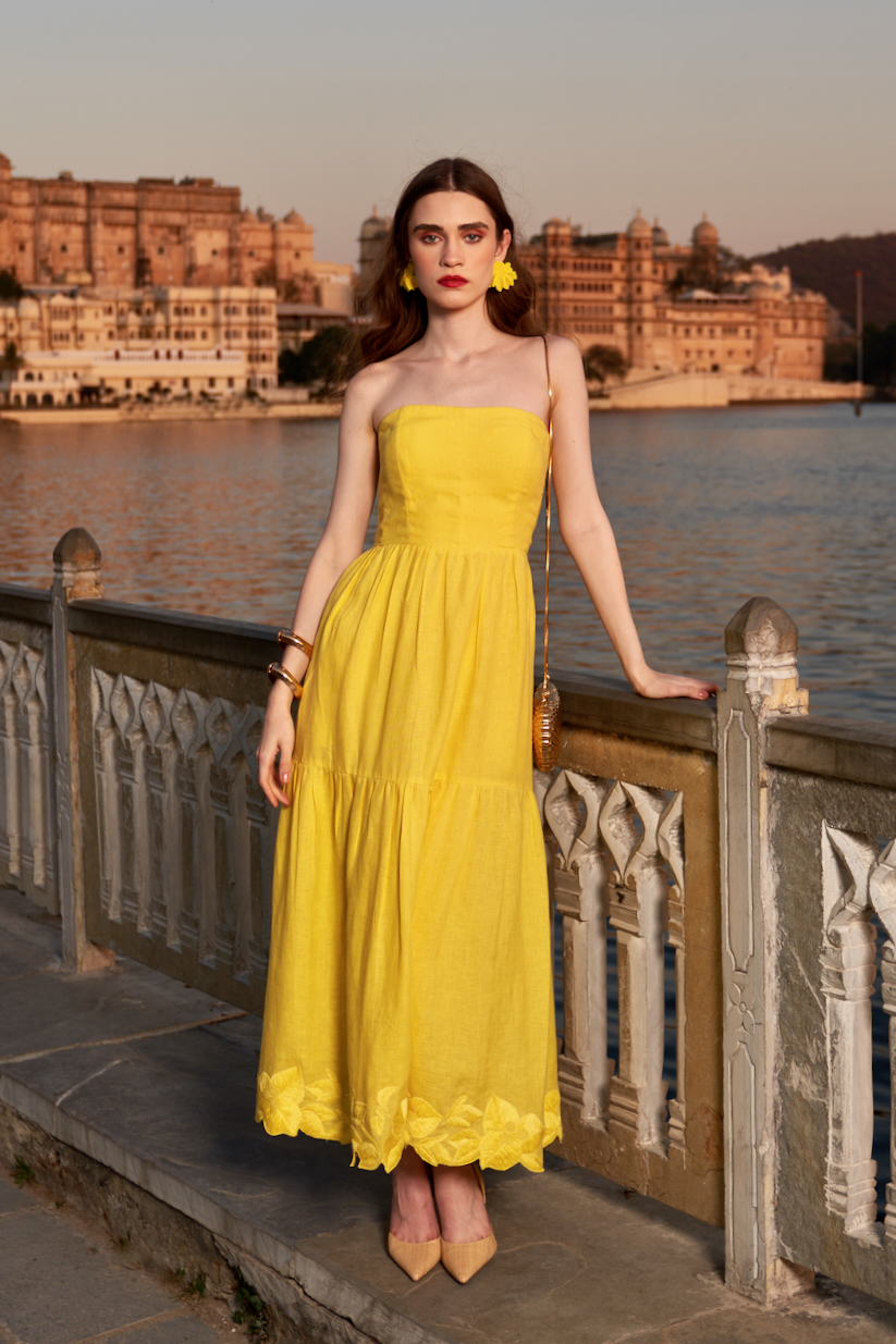 LA FLOR SOLID YELLOW COLOR BOUGAINVILLEA CHUNKY HAND EMBROIDERED HEM LINEN FABRIC CORSET MIDI LENGTH DRESS