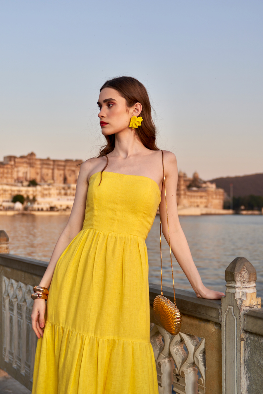 LA FLOR SOLID YELLOW COLOR BOUGAINVILLEA CHUNKY HAND EMBROIDERED HEM LINEN FABRIC CORSET MIDI LENGTH DRESS