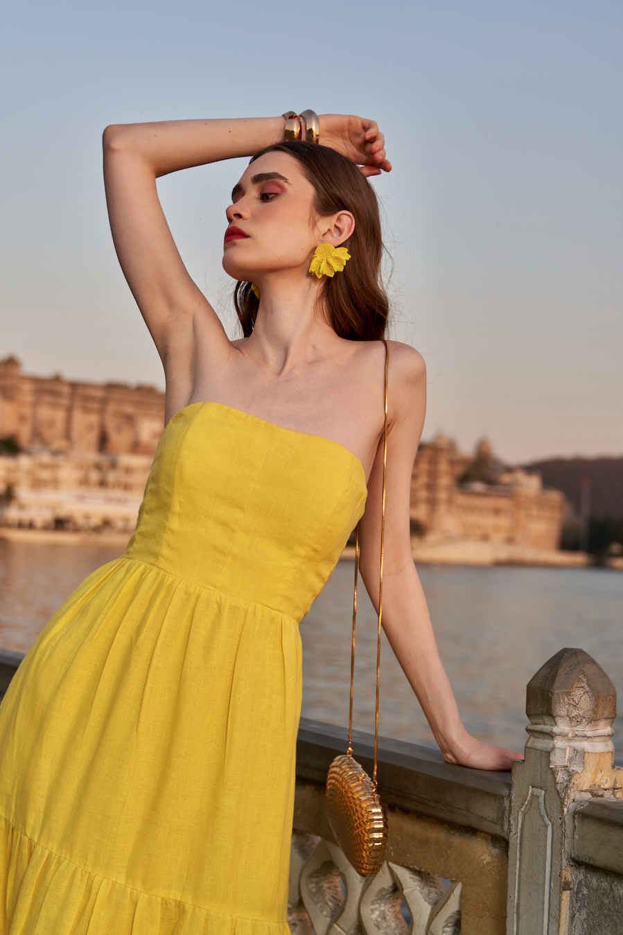 LA FLOR SOLID YELLOW COLOR BOUGAINVILLEA CHUNKY HAND EMBROIDERED HEM LINEN FABRIC CORSET MIDI LENGTH DRESS