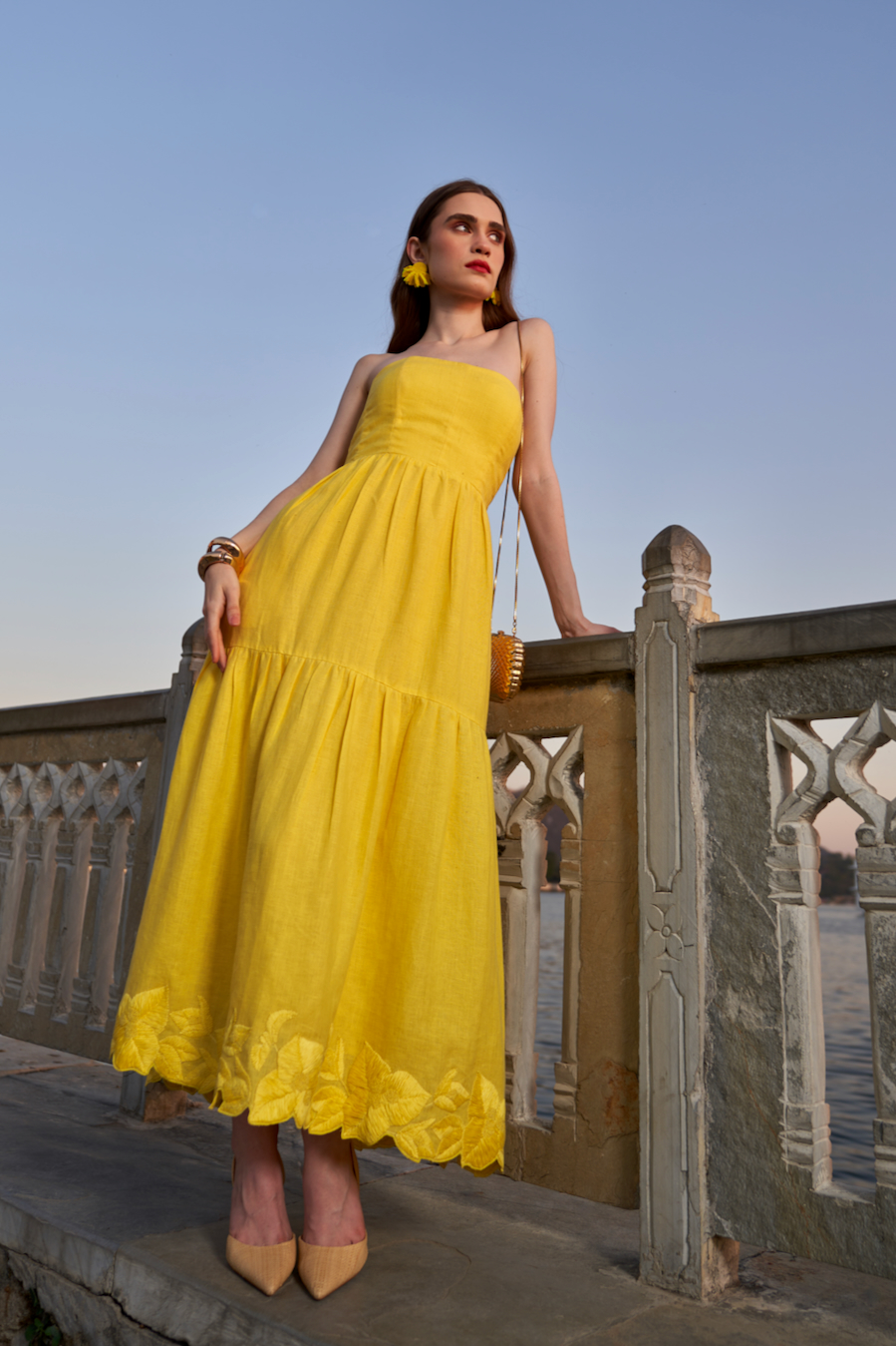LA FLOR SOLID YELLOW COLOR BOUGAINVILLEA CHUNKY HAND EMBROIDERED HEM LINEN FABRIC CORSET MIDI LENGTH DRESS