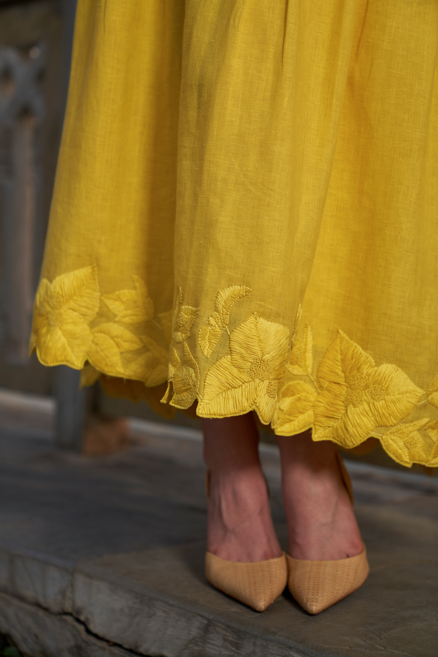 LA FLOR SOLID YELLOW COLOR BOUGAINVILLEA CHUNKY HAND EMBROIDERED HEM LINEN FABRIC CORSET MIDI LENGTH DRESS