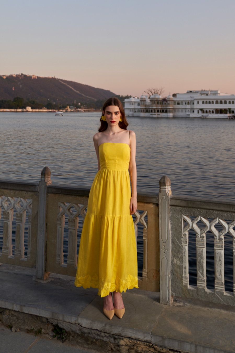 LA FLOR SOLID YELLOW COLOR BOUGAINVILLEA CHUNKY HAND EMBROIDERED HEM LINEN FABRIC CORSET MIDI LENGTH DRESS