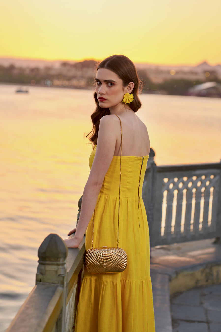 LA FLOR SOLID YELLOW COLOR BOUGAINVILLEA CHUNKY HAND EMBROIDERED HEM LINEN FABRIC CORSET MIDI LENGTH DRESS