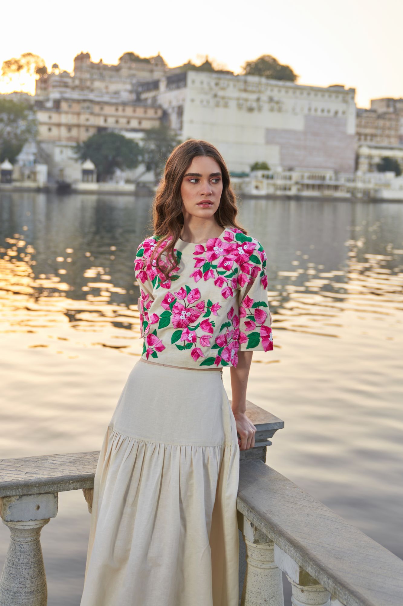 LA FLOR IVORY COLOR BOUGAINVILLEA CHUNKY THREE DIMENSIONAL HAND EMBROIDERED LINEN TOP WITH MIDI LENTH SKIRT