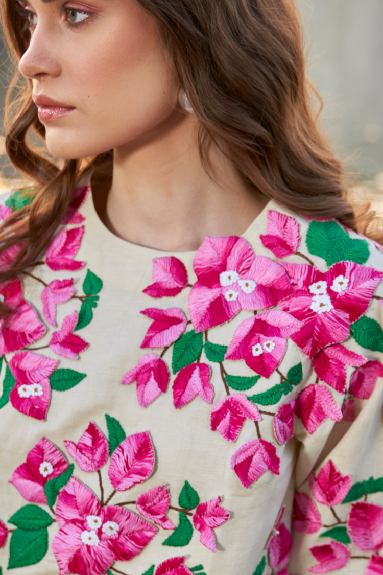 LA FLOR IVORY COLOR BOUGAINVILLEA CHUNKY THREE DIMENSIONAL HAND EMBROIDERED LINEN TOP WITH MIDI LENTH SKIRT