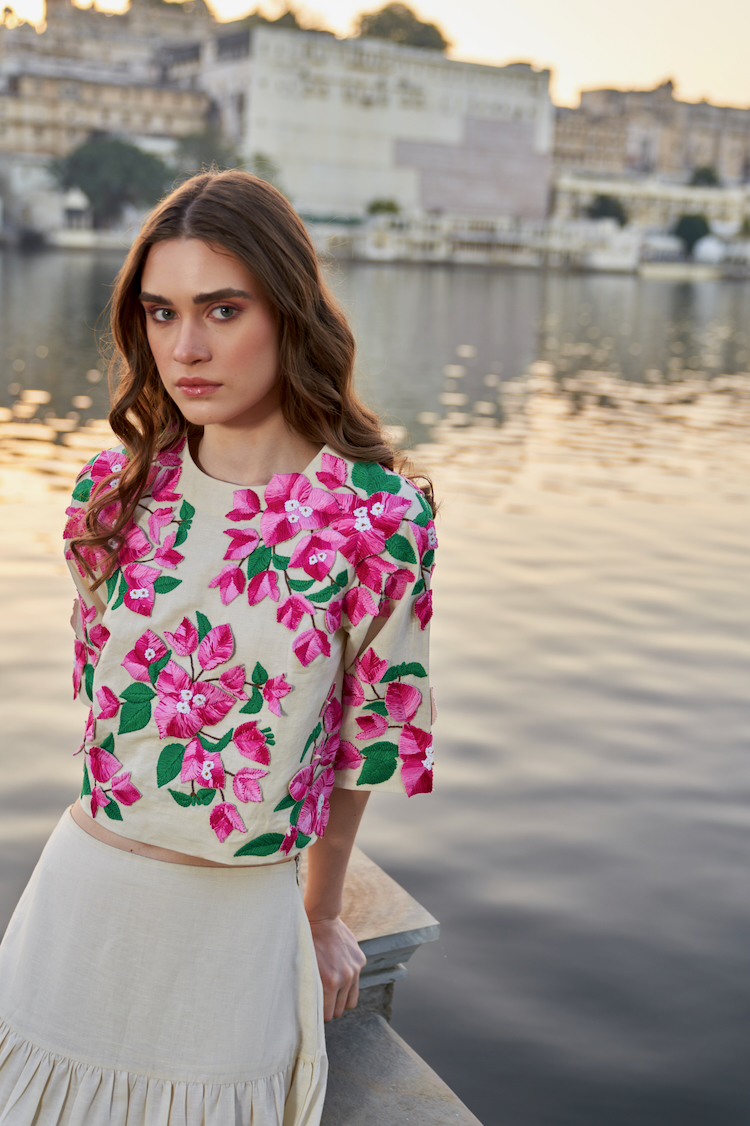 LA FLOR IVORY COLOR BOUGAINVILLEA CHUNKY THREE DIMENSIONAL HAND EMBROIDERED LINEN TOP WITH MIDI LENTH SKIRT