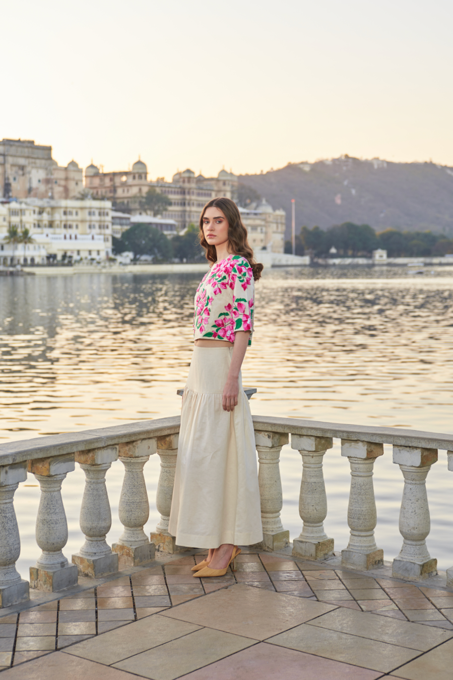 LA FLOR IVORY COLOR BOUGAINVILLEA CHUNKY THREE DIMENSIONAL HAND EMBROIDERED LINEN TOP WITH MIDI LENTH SKIRT