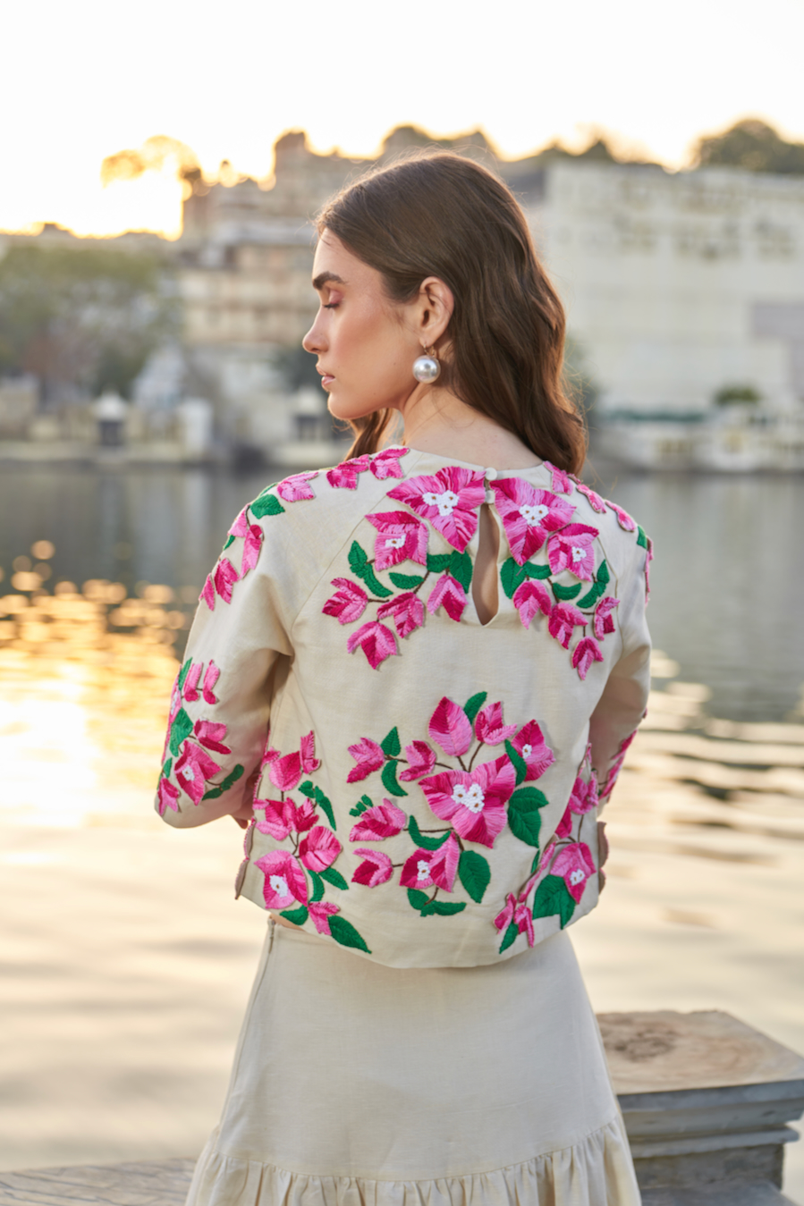 LA FLOR IVORY COLOR BOUGAINVILLEA CHUNKY THREE DIMENSIONAL HAND EMBROIDERED LINEN TOP WITH MIDI LENTH SKIRT