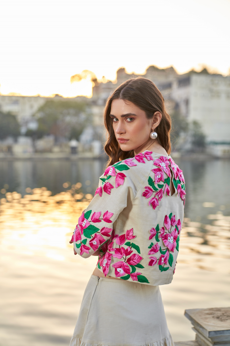 LA FLOR IVORY COLOR BOUGAINVILLEA CHUNKY THREE DIMENSIONAL HAND EMBROIDERED LINEN TOP WITH MIDI LENTH SKIRT
