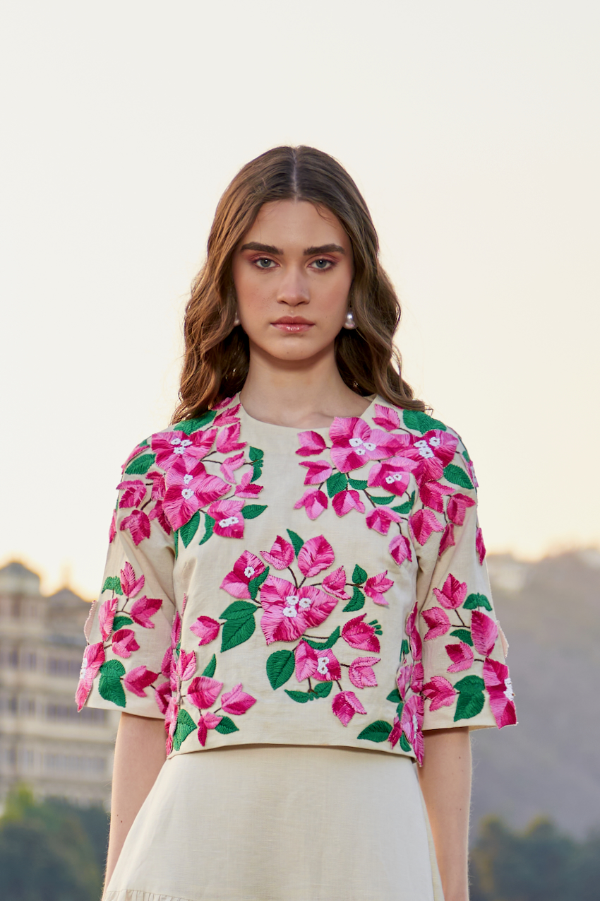 LA FLOR IVORY COLOR BOUGAINVILLEA THREE DIMENSIONAL CHUNKY HAND EMBROIDERED CROPPED LENGTH LINEN TOP