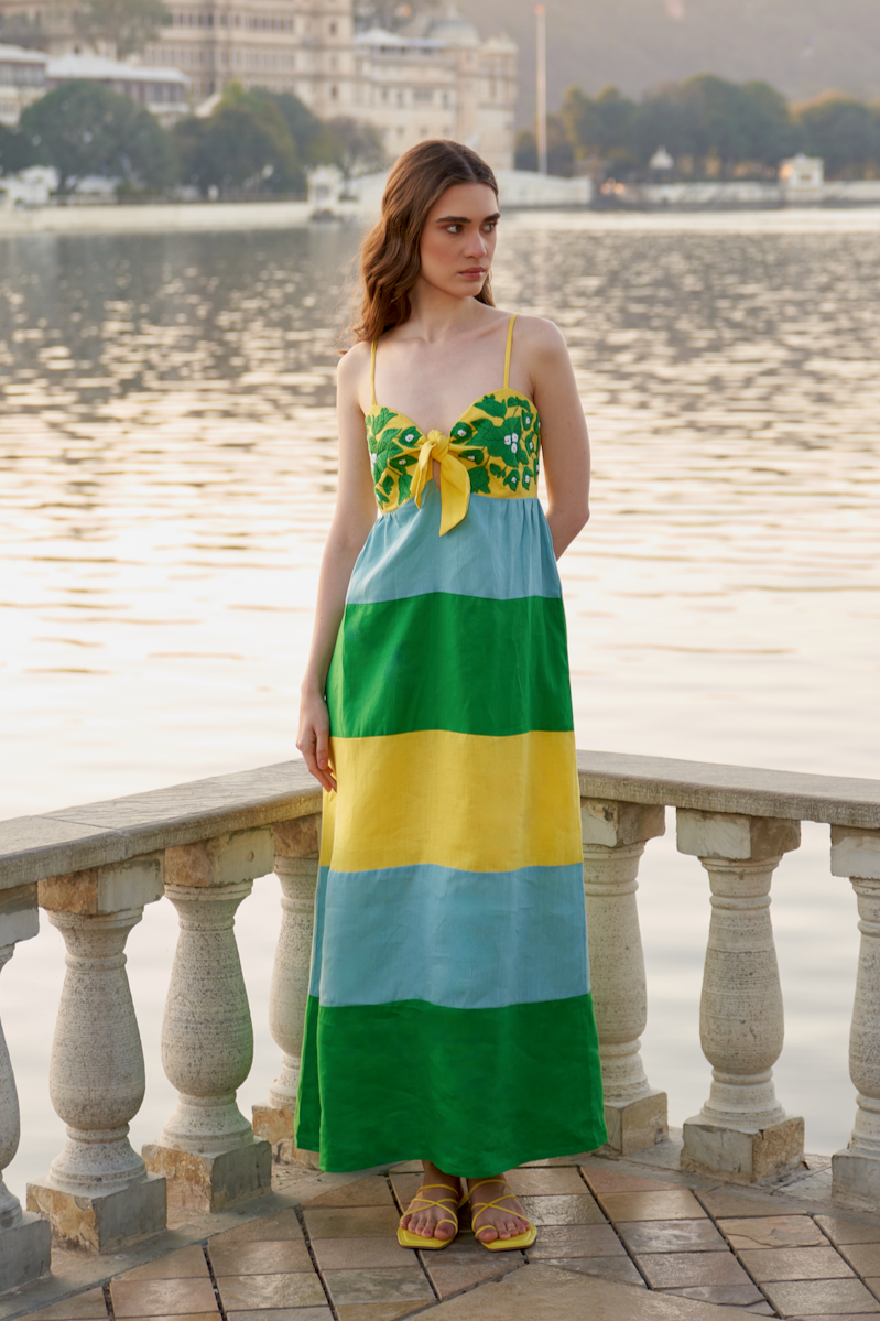 LA FLOR TEAL BLUE YELLOW AND GREEN COLOR BLOCK LINEN ANKLE LENGTH KNOT DRESS WITH BOUGAINVILLEA EMBROIDERY
