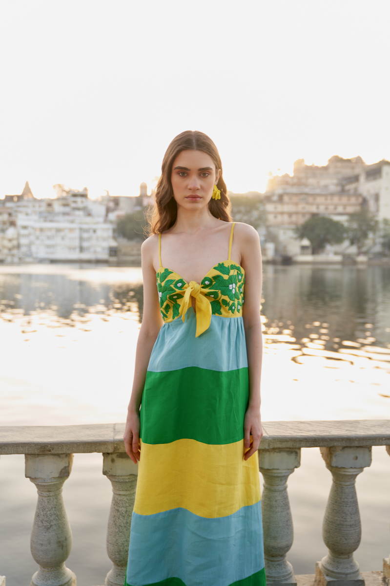 LA FLOR TEAL BLUE YELLOW AND GREEN COLOR BLOCK LINEN ANKLE LENGTH KNOT DRESS WITH BOUGAINVILLEA EMBROIDERY