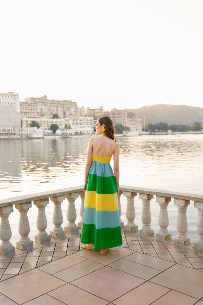 LA FLOR TEAL BLUE YELLOW AND GREEN COLOR BLOCK LINEN ANKLE LENGTH KNOT DRESS WITH BOUGAINVILLEA EMBROIDERY