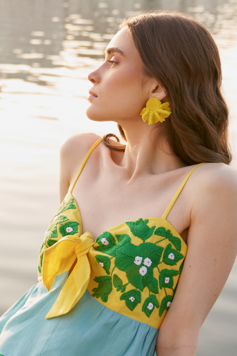 LA FLOR TEAL BLUE YELLOW AND GREEN COLOR BLOCK LINEN ANKLE LENGTH KNOT DRESS WITH BOUGAINVILLEA EMBROIDERY