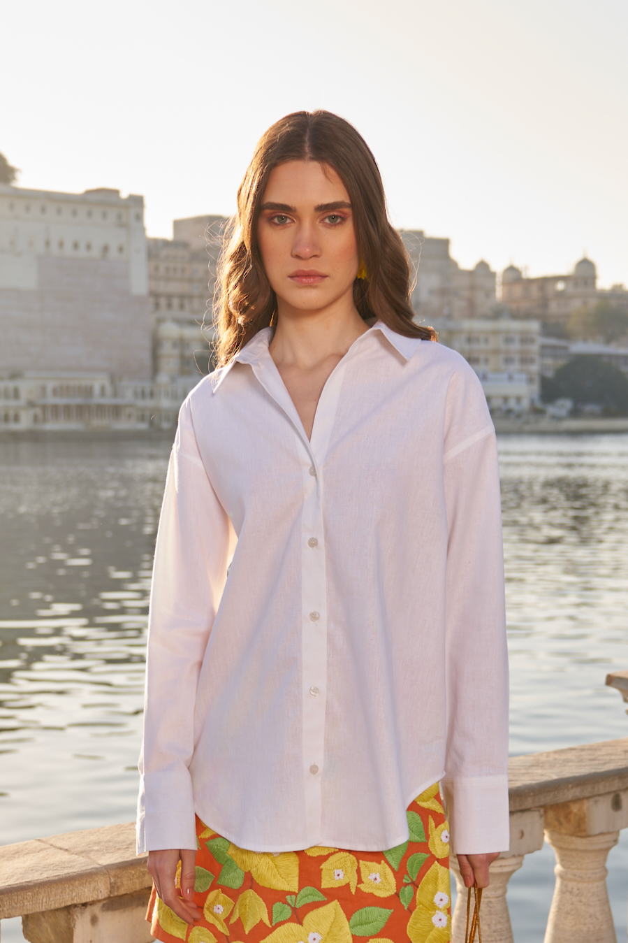 LA FLOR SOLID WHITE COLOR LINEN FABRIC COLLARED SUMMER SHIRT