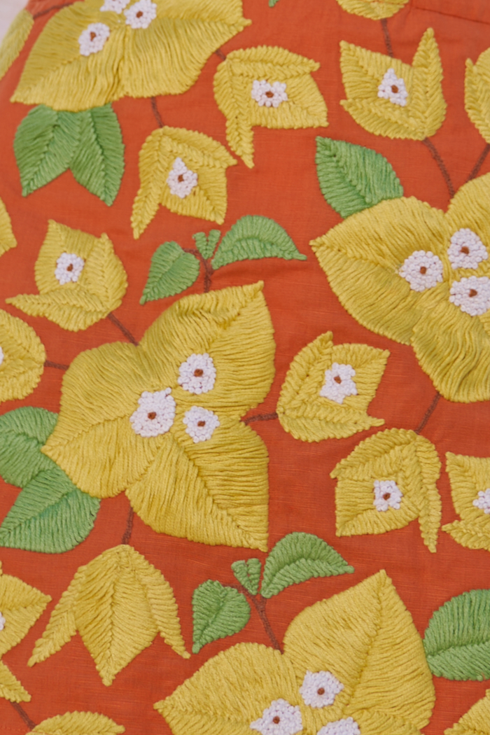 LA FLOR TERRACOTTA ORANGE COLOR BOUGAINVILLEA CHUNKY ALL OVER HAND EMBROIDERED LINEN FABRIC SHORT SKIRT