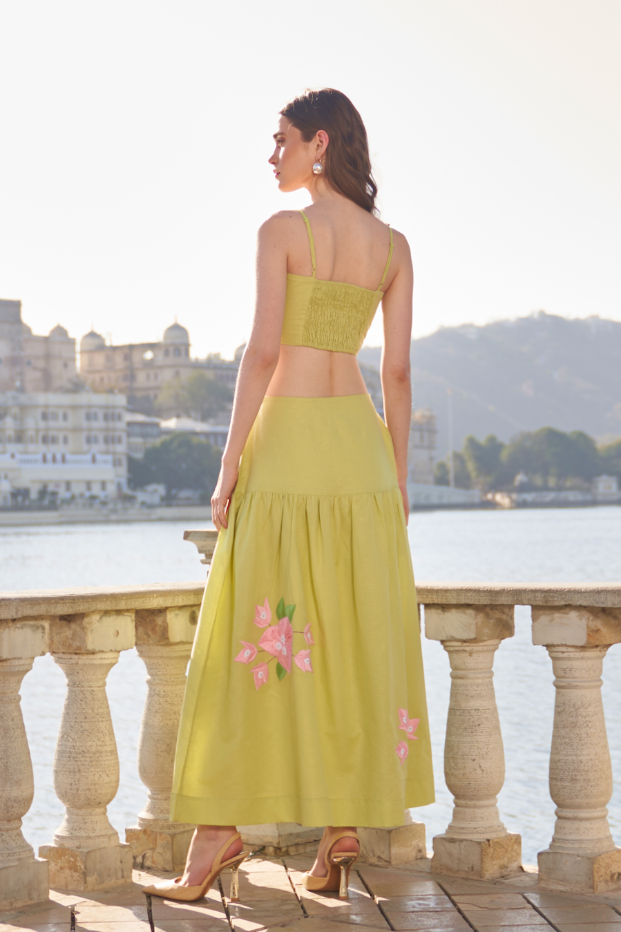 LA FLOR MINT COLOR BOUGAINVILLEA THREE DIMENSIONAL CHUNKY HAND EMBROIDERED LINEN BUSTIER AND SKIRT CO-ORDINATE