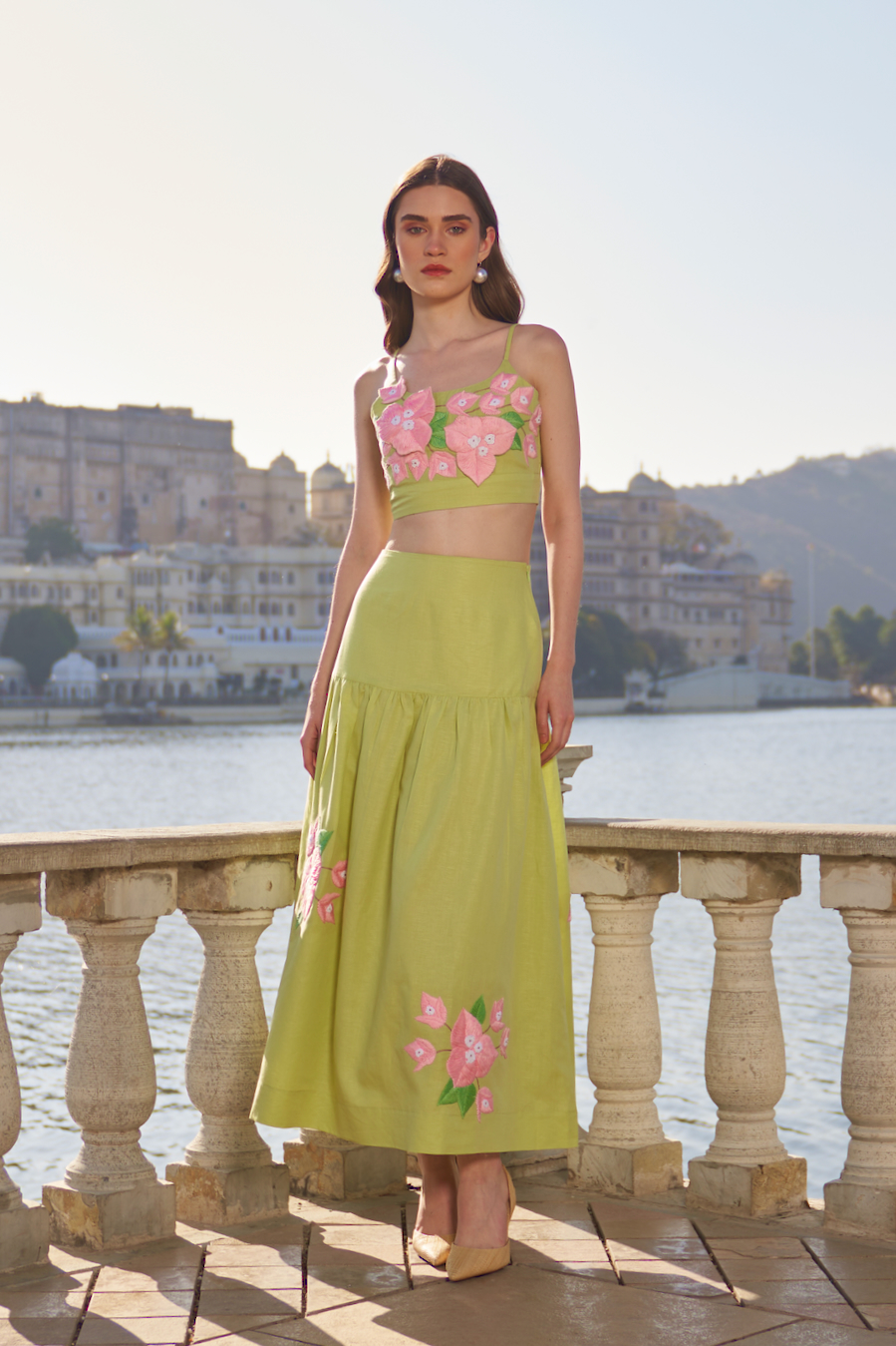 LA FLOR MINT COLOR BOUGAINVILLEA THREE DIMENSIONAL CHUNKY HAND EMBROIDERED LINEN BUSTIER AND SKIRT CO-ORDINATE