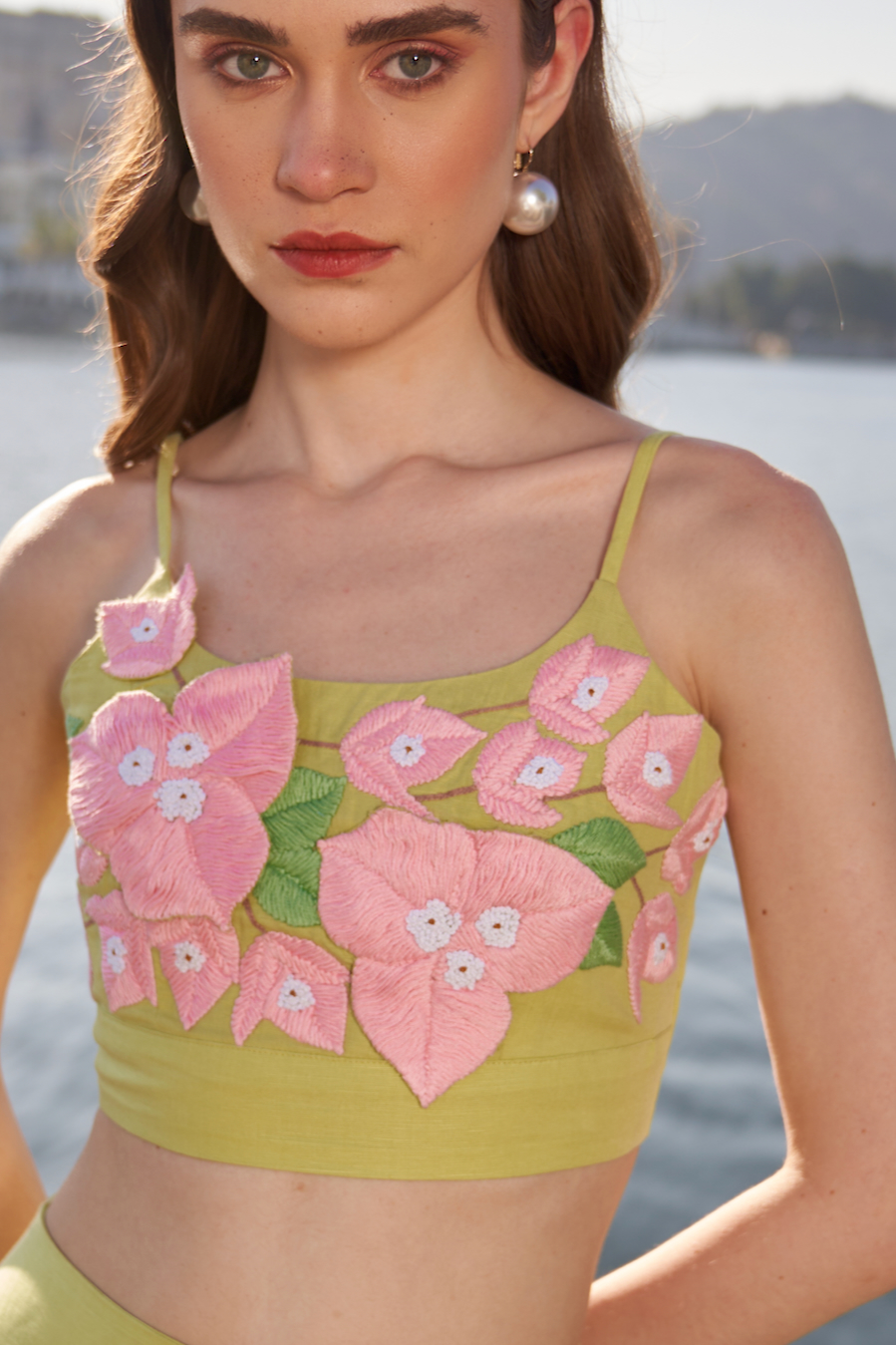 LA FLOR MINT COLOR BOUGAINVILLEA THREE DIMENSIONAL CHUNKY HAND EMBROIDERED LINEN BUSTIER AND SKIRT CO-ORDINATE