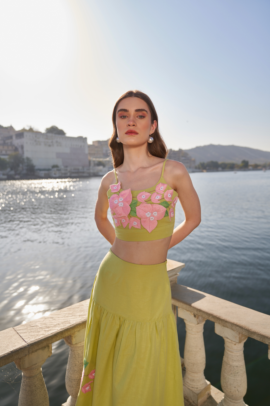 LA FLOR MINT COLOR BOUGAINVILLEA THREE DIMENSIONAL CHUNKY HAND EMBROIDERED LINEN BUSTIER AND SKIRT CO-ORDINATE