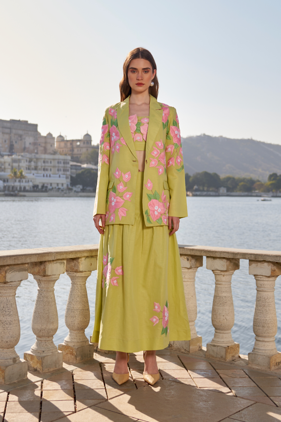 LA FLOR MINT GREEN COLOR BOUGAINVILLEA CHUNKY HAND EMBROIDERED LINEN FABRIC JACKET BUSTIER AND SKIRT CO-ORDINATE