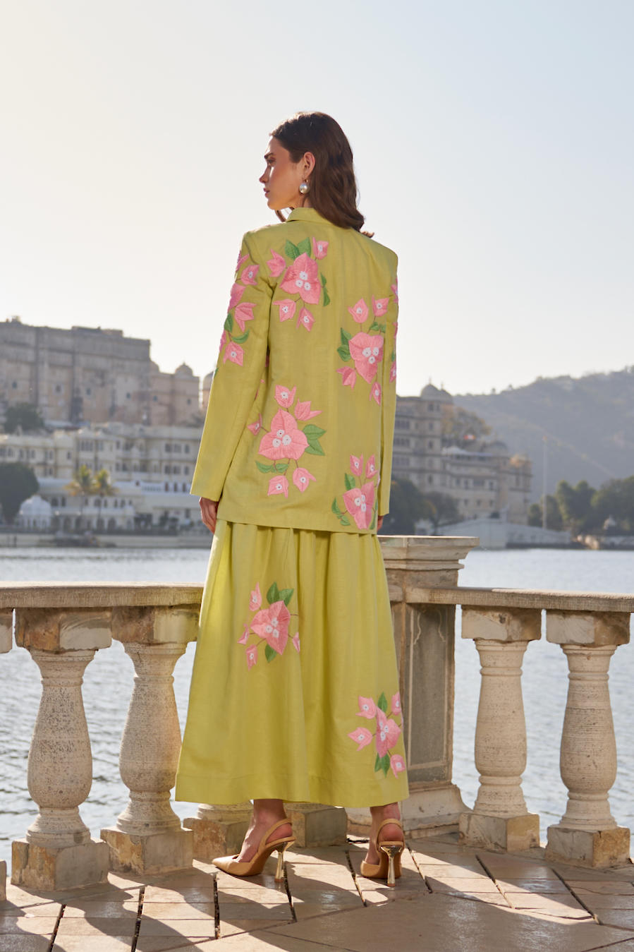 LA FLOR MINT GREEN COLOR BOUGAINVILLEA CHUNKY HAND EMBROIDERED LINEN FABRIC JACKET BUSTIER AND SKIRT CO-ORDINATE