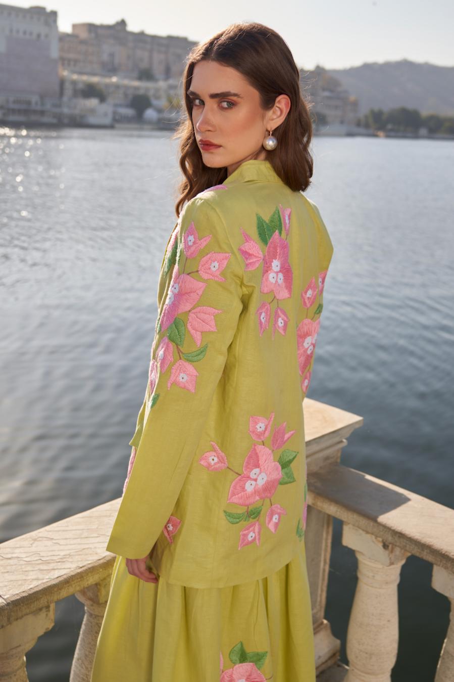 LA FLOR MINT GREEN COLOR BOUGAINVILLEA CHUNKY HAND EMBROIDERED LINEN FABRIC JACKET BUSTIER AND SKIRT CO-ORDINATE