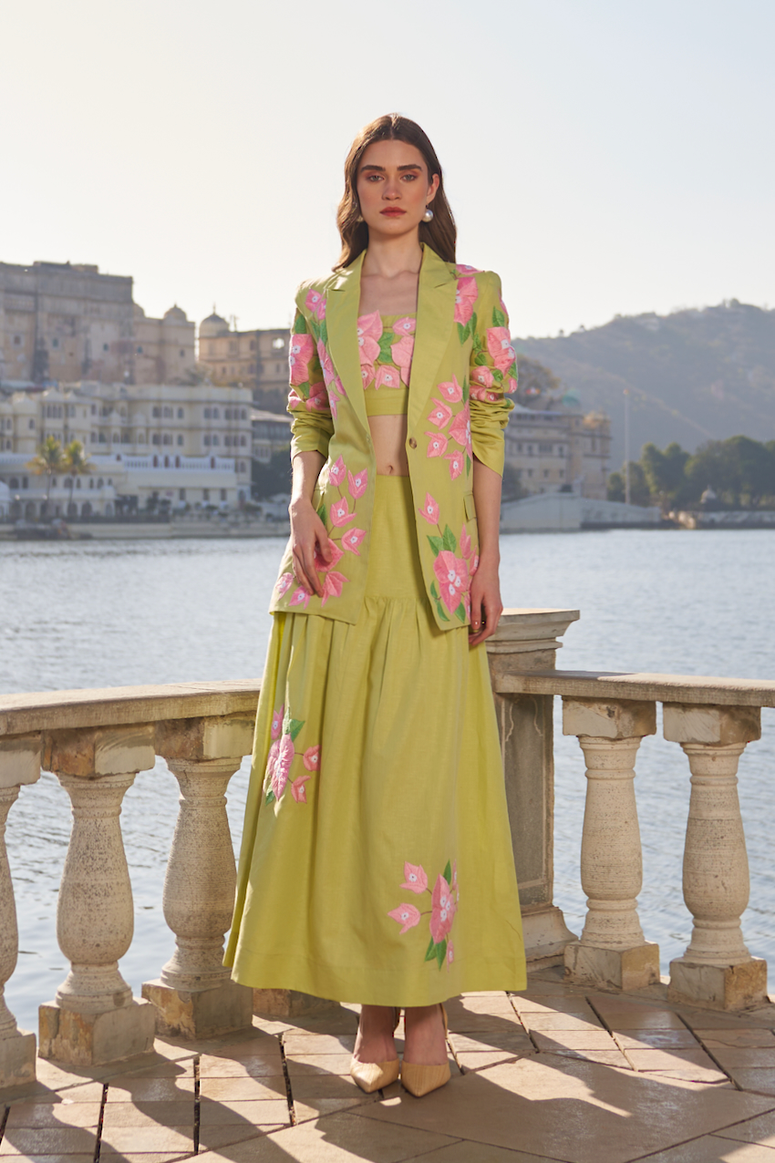 LA FLOR MINT GREEN COLOR BOUGAINVILLEA CHUNKY HAND EMBROIDERED LINEN FABRIC JACKET BUSTIER AND SKIRT CO-ORDINATE
