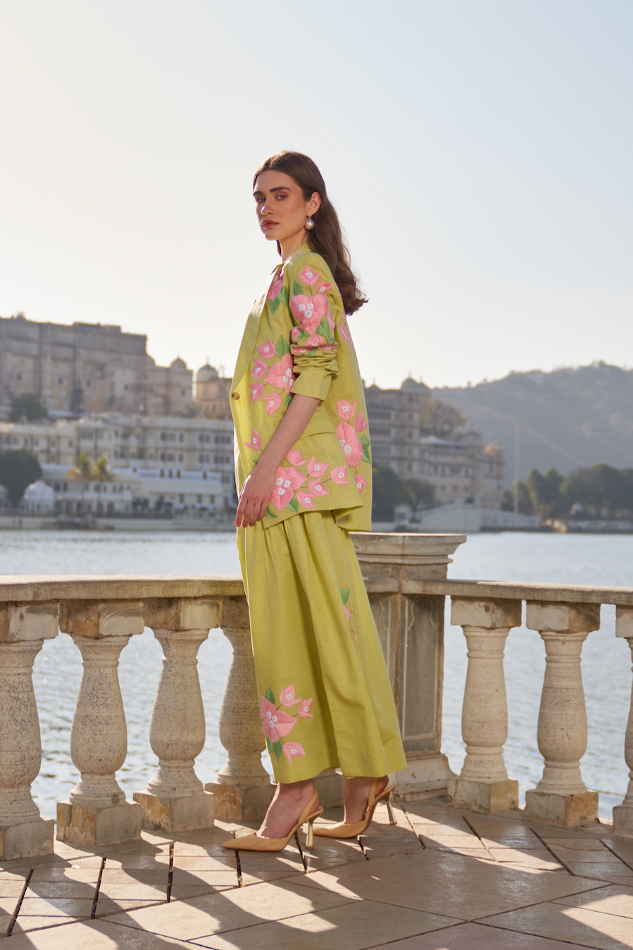 LA FLOR MINT GREEN COLOR BOUGAINVILLEA CHUNKY HAND EMBROIDERED LINEN FABRIC JACKET BUSTIER AND SKIRT CO-ORDINATE