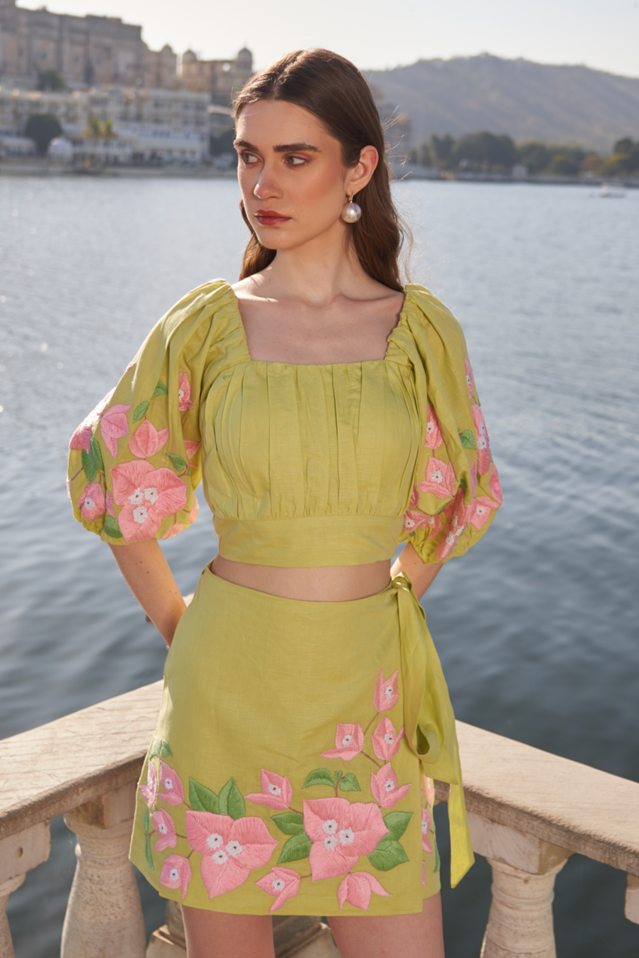 LA FLOR MINT COLOR BOUGAINVILLEA CHUNKY HAND EMBROIDERED LINEN CROP TOP WITH ATTACHED CUPS AND MINI WRAP SKIRT