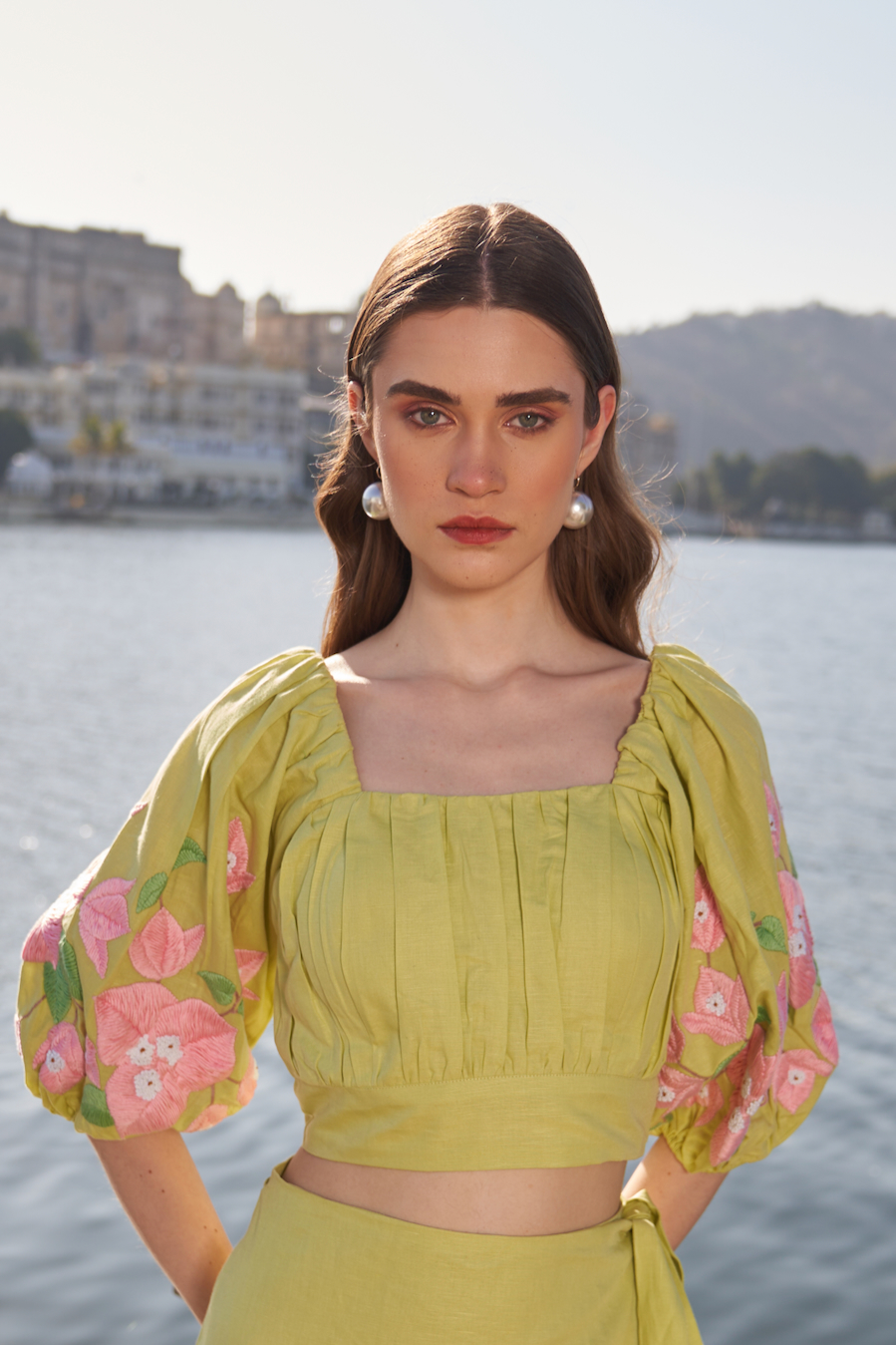 LA FLOR MINT COLOR BOUGAINVILLEA CHUNKY HAND EMBROIDERED LINEN CROP TOP WITH ATTACHED CUPS AND MINI WRAP SKIRT