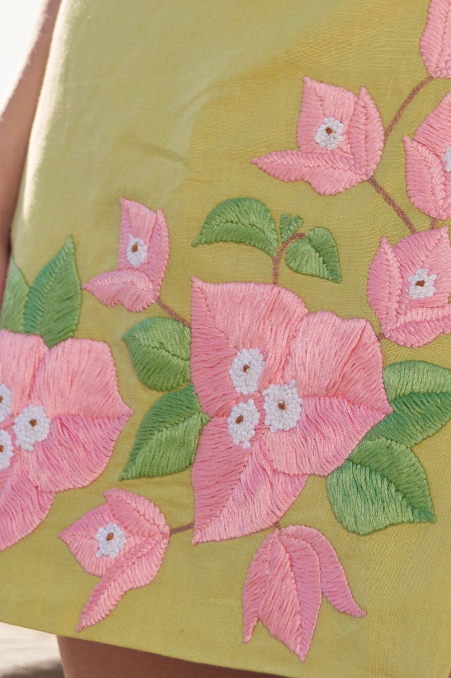 LA FLOR MINT COLOR BOUGAINVILLEA CHUNKY HAND EMBROIDERED LINEN CROP TOP WITH ATTACHED CUPS AND MINI WRAP SKIRT