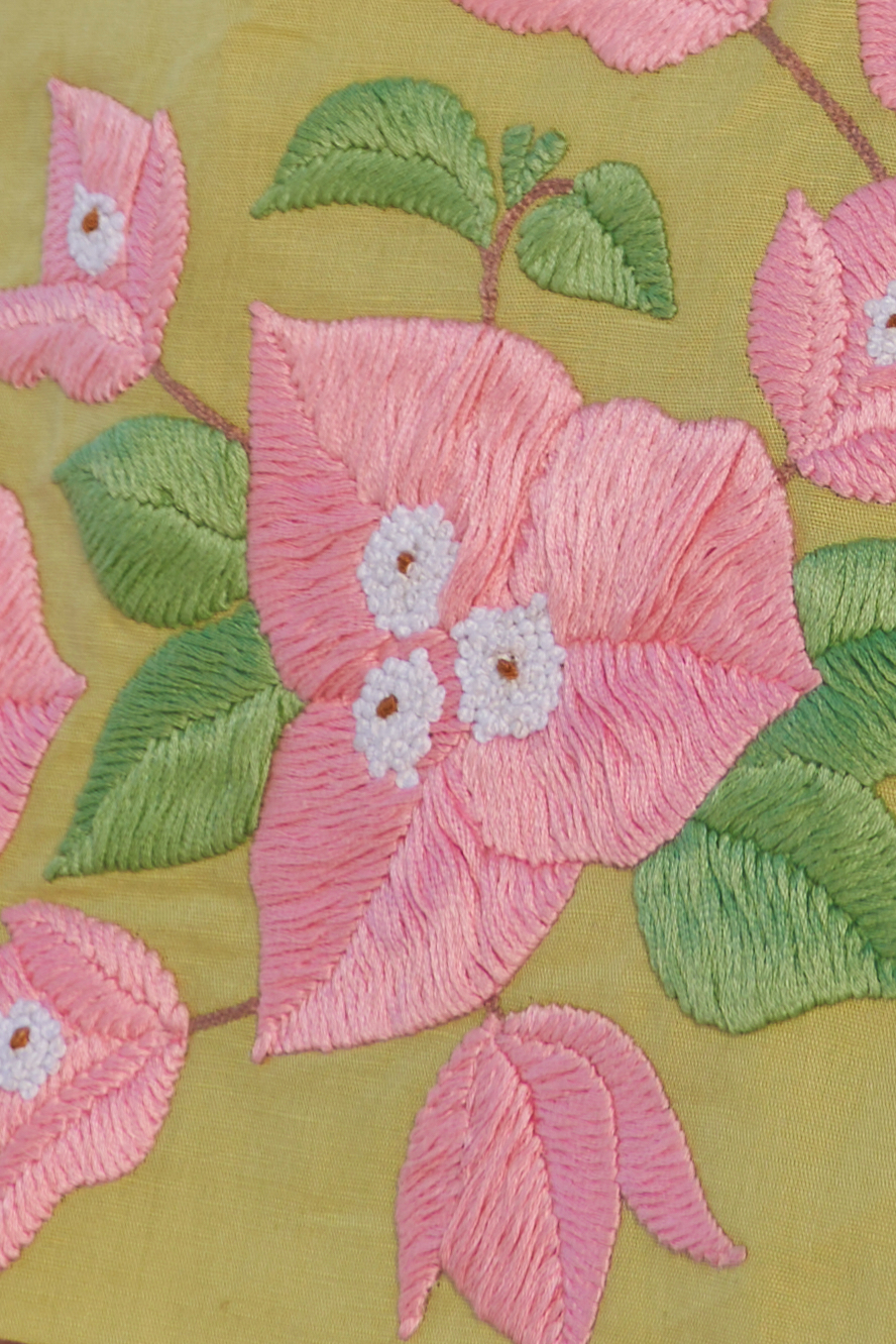 LA FLOR MINT COLOR BOUGAINVILLEA CHUNKY HAND EMBROIDERED CROPPED LENGTH LINEN FABRIC TOP WITH ATTACHED CUPS