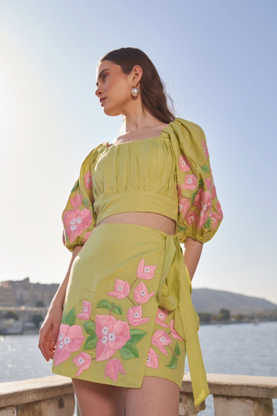 LA FLOR MINT COLOR BOUGAINVILLEA CHUNKY HAND EMBROIDERED LINEN CROP TOP WITH ATTACHED CUPS AND MINI WRAP SKIRT